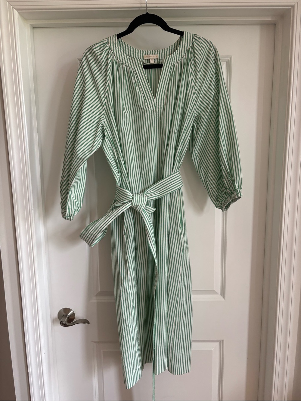 ANN MASHBURN Green and White Striped Belted Dress